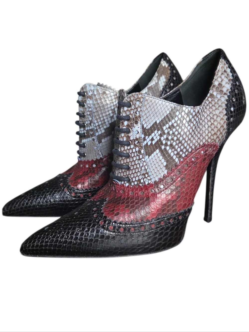 Gucci Gia Python Leather Brogue Lace-Up Booties 37.5 | Rare Multi Oxford Pumps